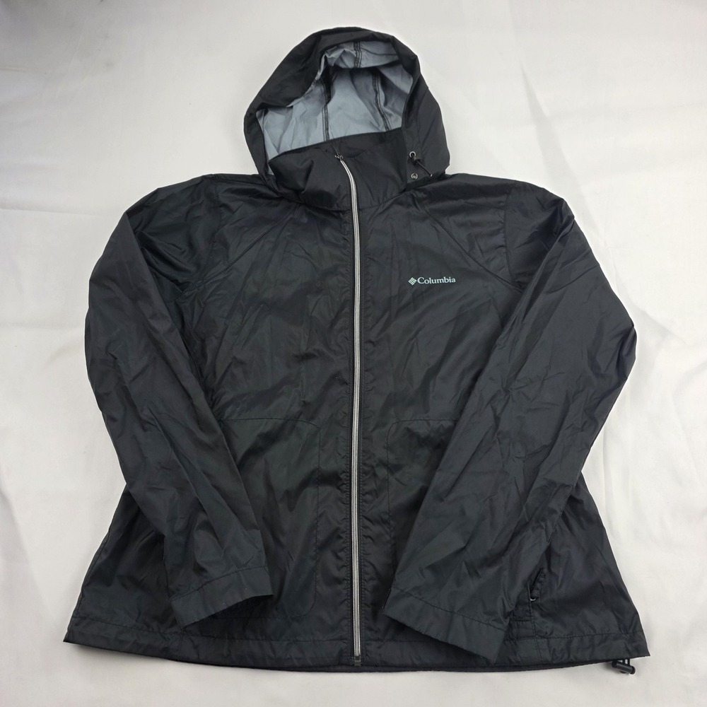 Columbia Jacket Womens XL Black Nylon Hooded Windbreaker Full Zip Lightweight
